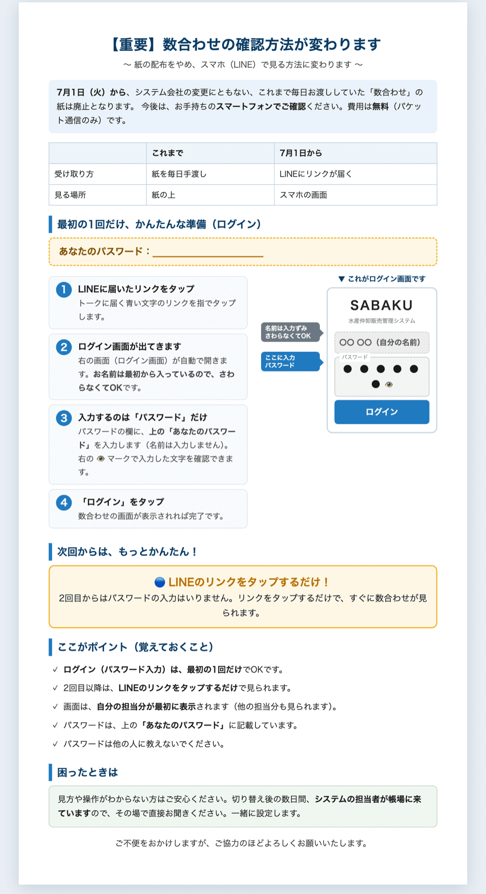実際に配布した現場向け案内チラシの例。数合わせの確認方法を、紙の手渡しからスマホ（LINE）の閲覧リンクへ切り替える手順を図解付きで説明している。